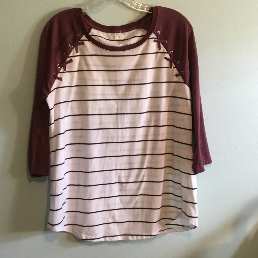 Maurices Burgundy and White/Black Striped Lace-Up Raglan Top